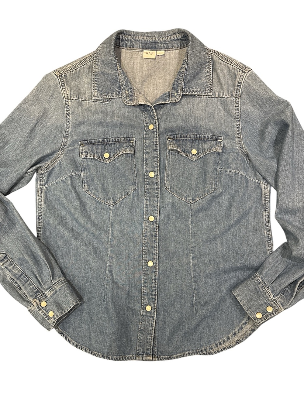 GAP Faded Blue Denim Western Snap Shirt, size S